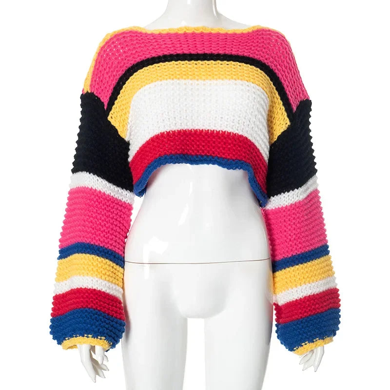 Rainbow Check Cropped Long Sleeve Knit Sweater for Women
