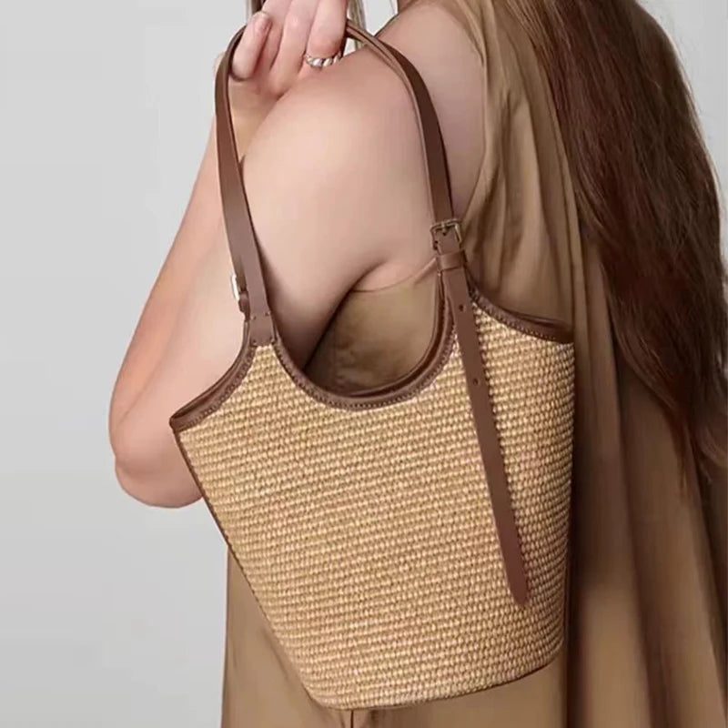 Brown Woven Fashion Women Bucket Bag New Large Capacity Beach Bag Commuting Underarm Bag Simple Elegant Texture Shoulder Bag