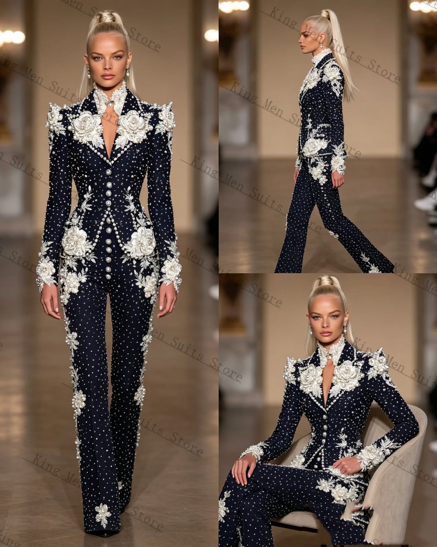 Pearls Formal Women Suits Set 2 Piece Blazer+Pants Trousers 3D Flower Customized Office Lady Jacket Luxury Wedding Prom Coat