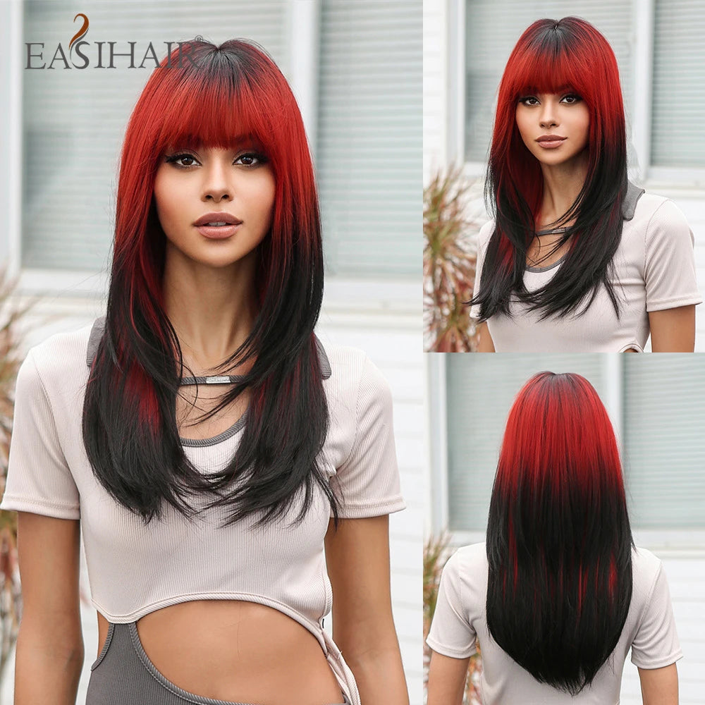 Dark Brown Synthetic Layered Wig With Bangs for Women