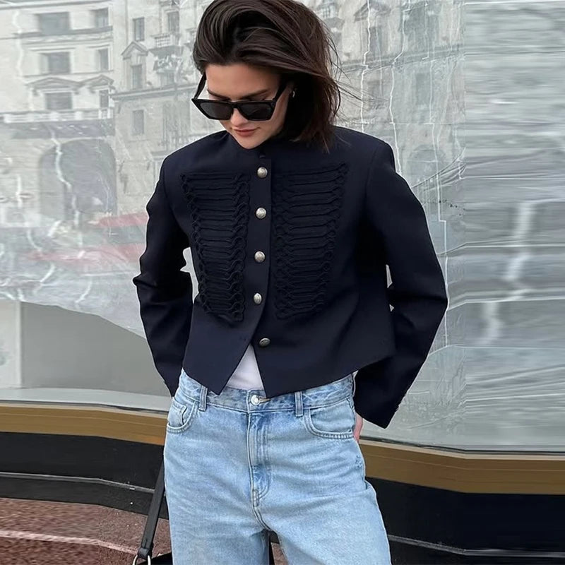 Elegant Satin Frog Button Standup Collar Jacket for Women