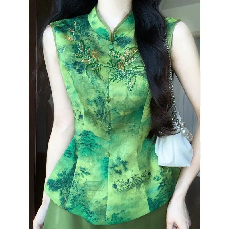 Chinese Style Green Printed Top And Satin Skirt Set for Women