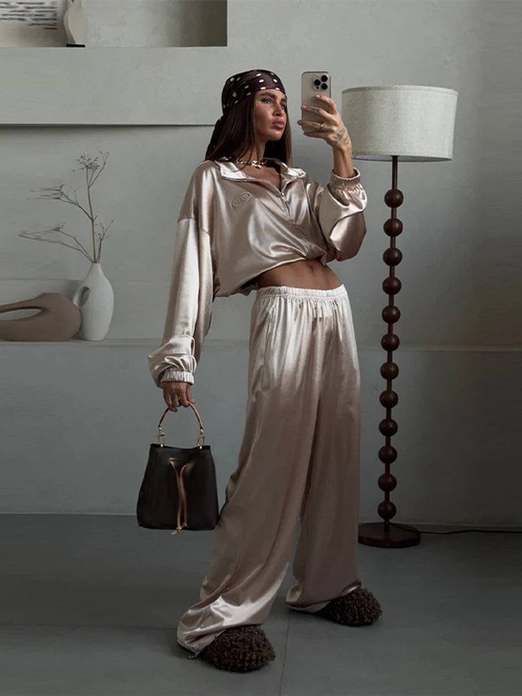 Loose Solid Satin Two Piece Pants Set With Zipper Jacket For Women