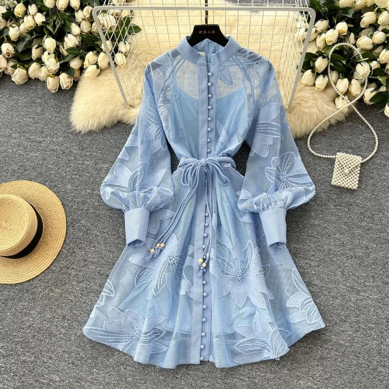 Elegant Embroidered Lantern Sleeve Midi Dress for Women