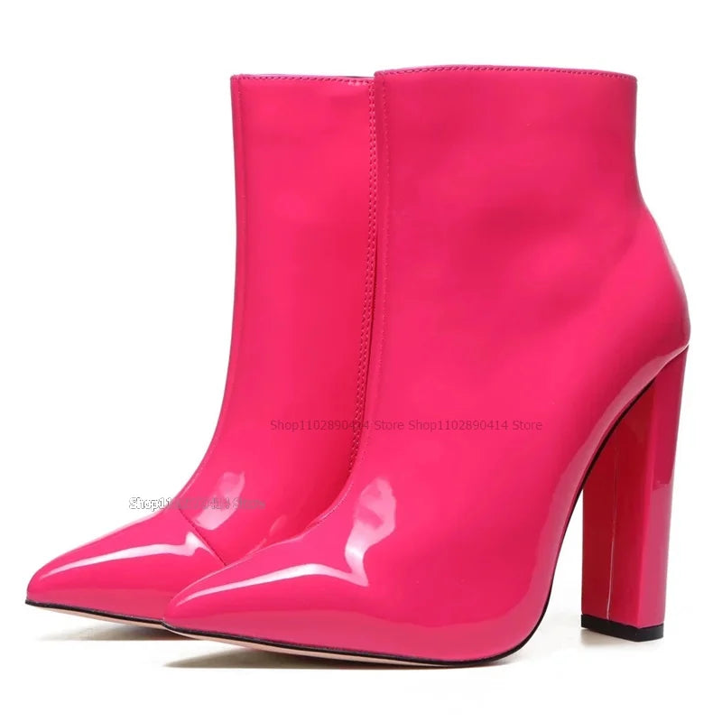 Rose Red Patent Leather Pointy Toe Mid Calf Boots For Women