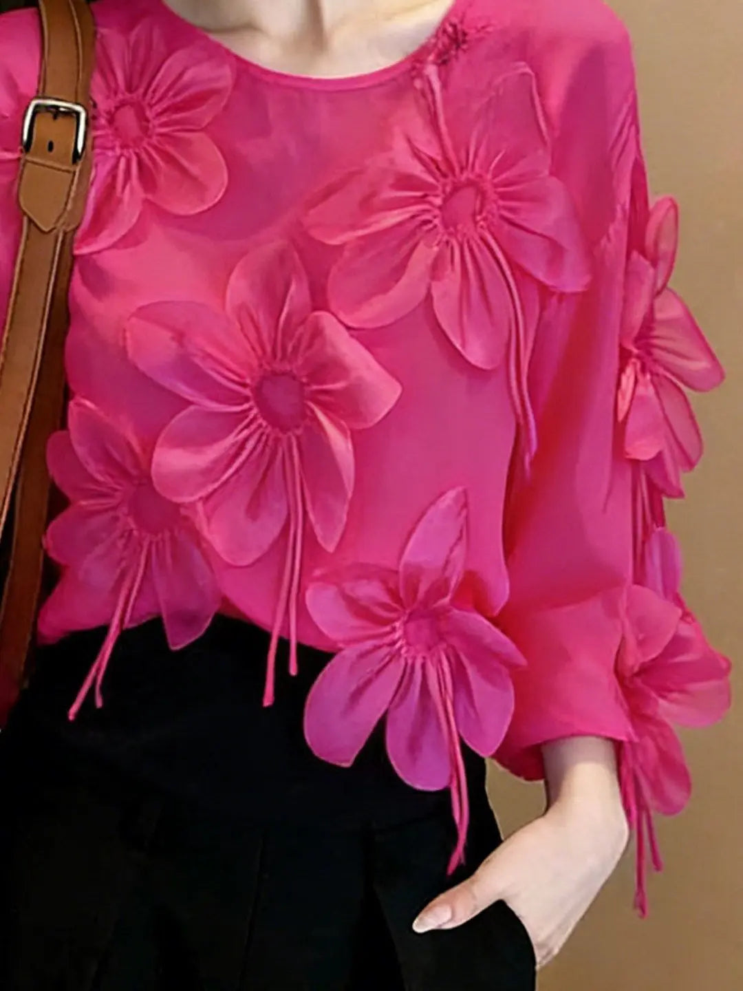 Three Dimensional Flower Lightweight Long Sleeve Top for Women