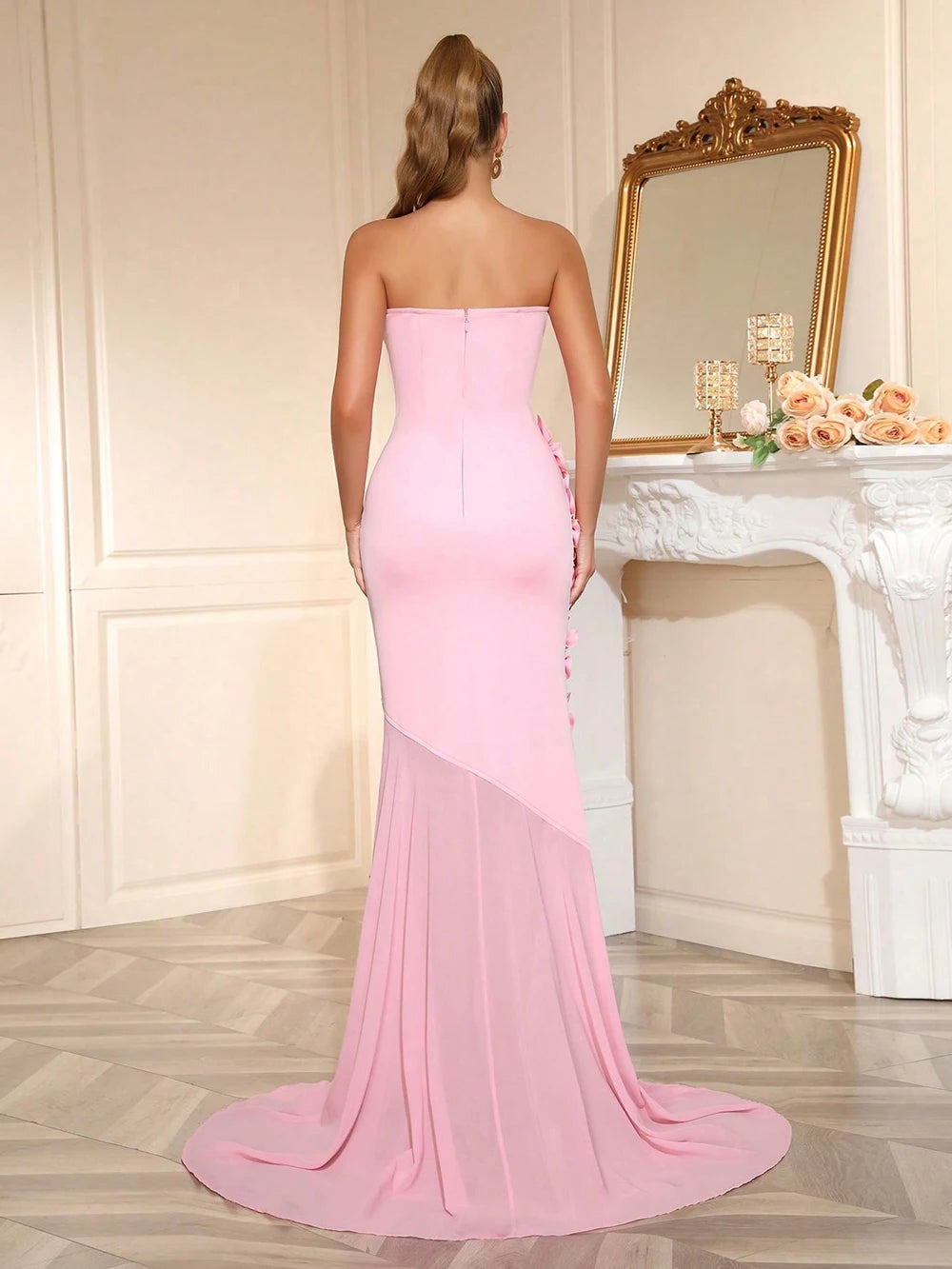 Modphy Pink Strapless Patchwork Appliques Slim Fit Mermaid Dress Women'S Off Shoulder Long Dress Elegant Evening Party Gowns