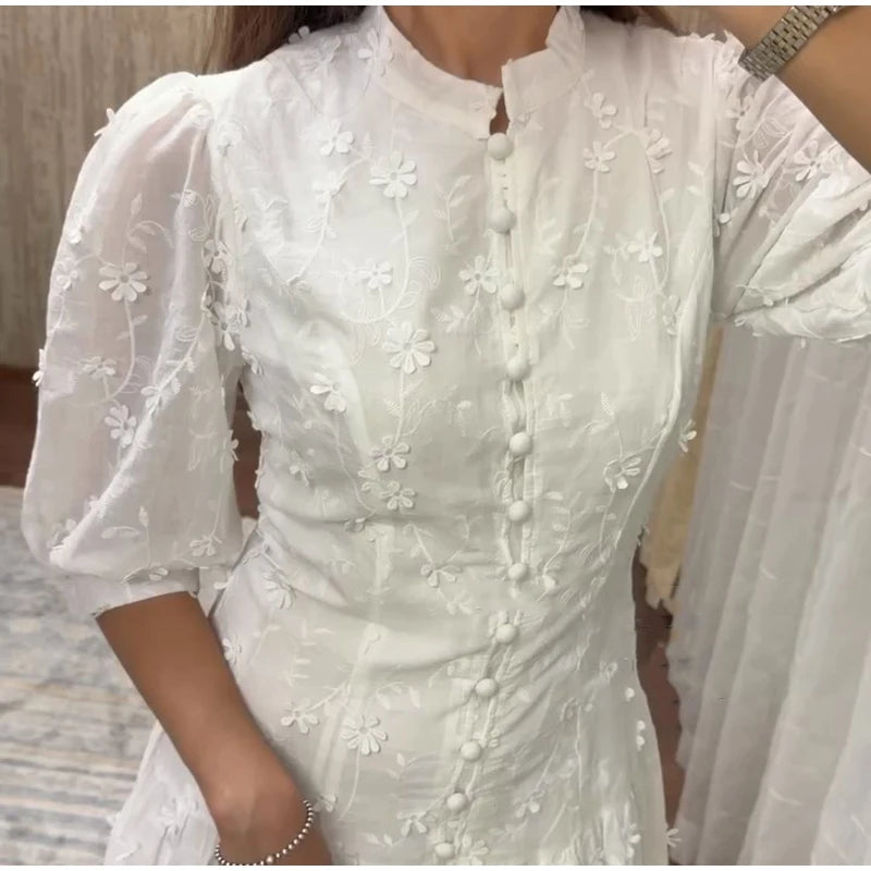 Floral Puff Sleeve Empire Waist Long Dress for Women