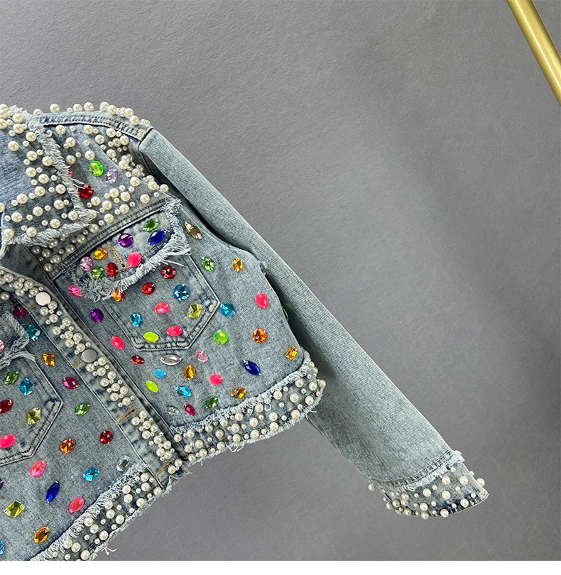 Rhinestone Studded Beaded Denim Lapel Jacket For Women