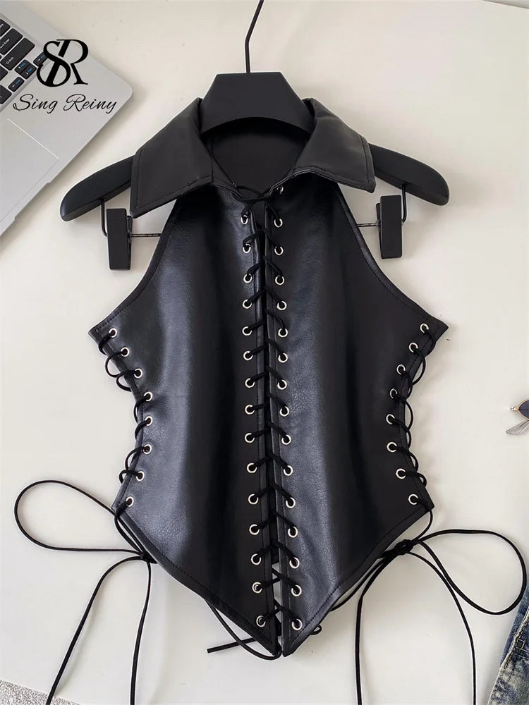 Retro Lace Up Faux Leather Sleeveless Bustier Top for Women