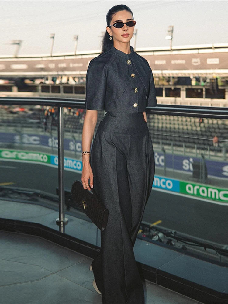 Single Button Denim Jacket With Wide Leg Pants For Women
