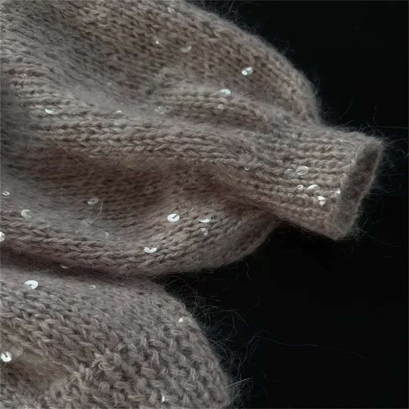 Sequins Knit Women 's Sweater Elegant Stand Collar Y2k Full Sleeve Sweaters Lady 2025 New Autumn Winter Woman Jacket Knitwear