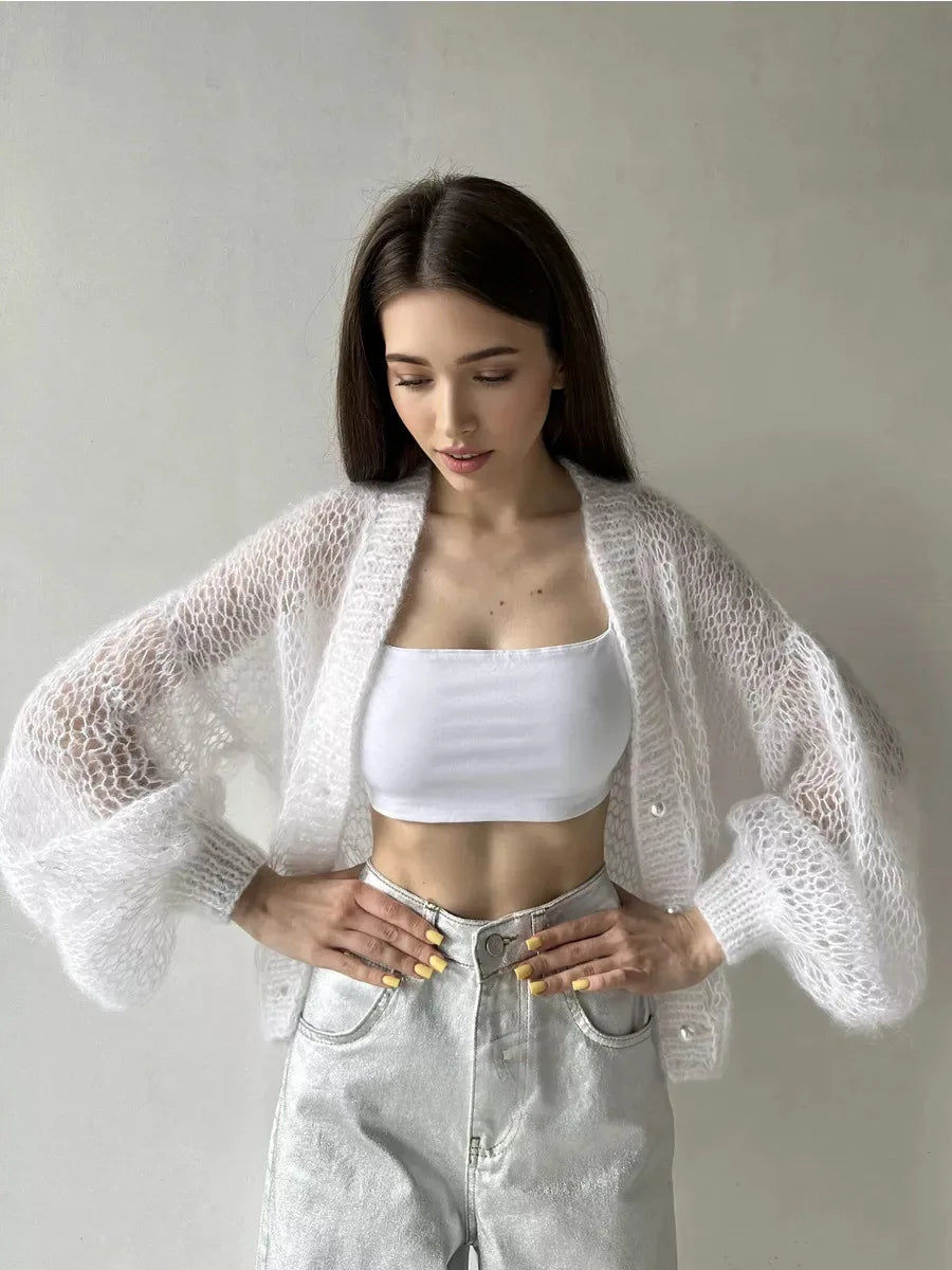 Loose Fit Open Knit V Neck Cardigan Sweater for Women