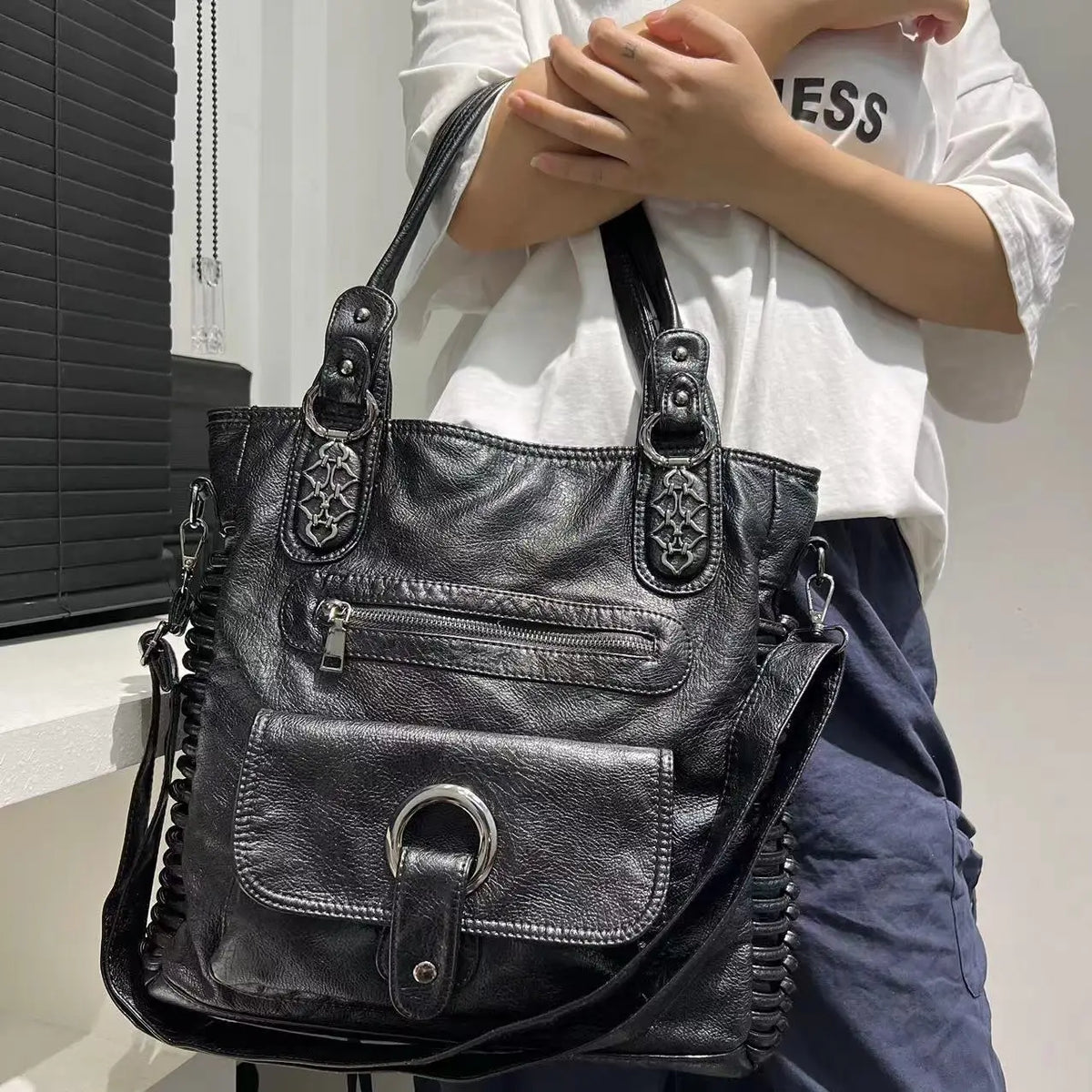 Distressed Vegan Leather Shoulder Tote Bag for Women