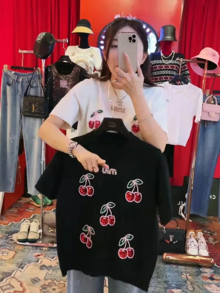 Sequined Beaded Cherry Knit Sweater Top With Short Sleeves for Women