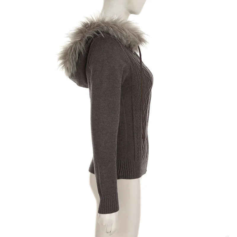 Spicy Girl Style, Furry Combination, Hoodie Zipper Sweater Cardigan, Women's Slimming And Shaping, Versatile Casual Coat