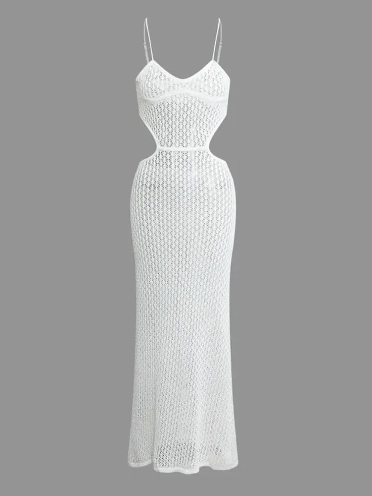 2024 Sexy See-through V Neck Cut Out Knit Beach Maxi Dress Summer Women's Holiday Elegant Outfit Swimsuit Cover Up Tunic A3094