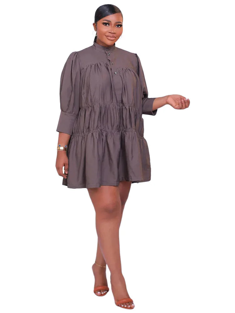 Wmstar Elegant Women Summer Solid Color Short Dress Fashion Long Sleeve High Neck High Waist Clothes Party Casual Mini Dresses