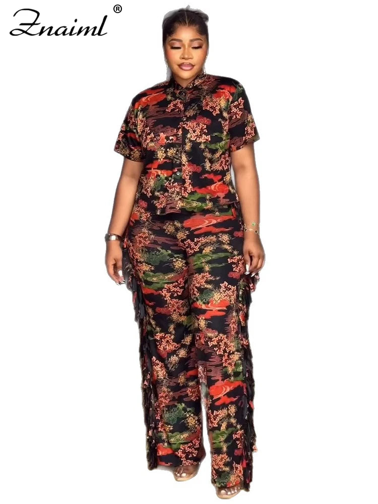 Znaiml Casual Printed Summer Women Turn-down Collar Button Up Shirt Top and Tassel Pants Two Piece Matching Sets Office Outfits