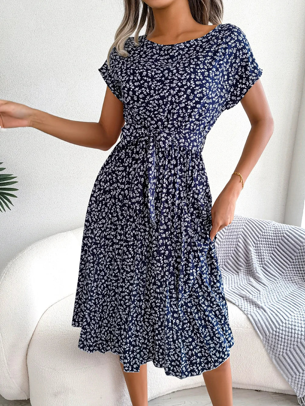 Chic Casual Pleated Short Sleeve Midi Dress for Women
