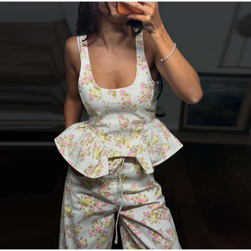 Floral Print Ruffle Wide Leg Pants Two Piece Set For Women
