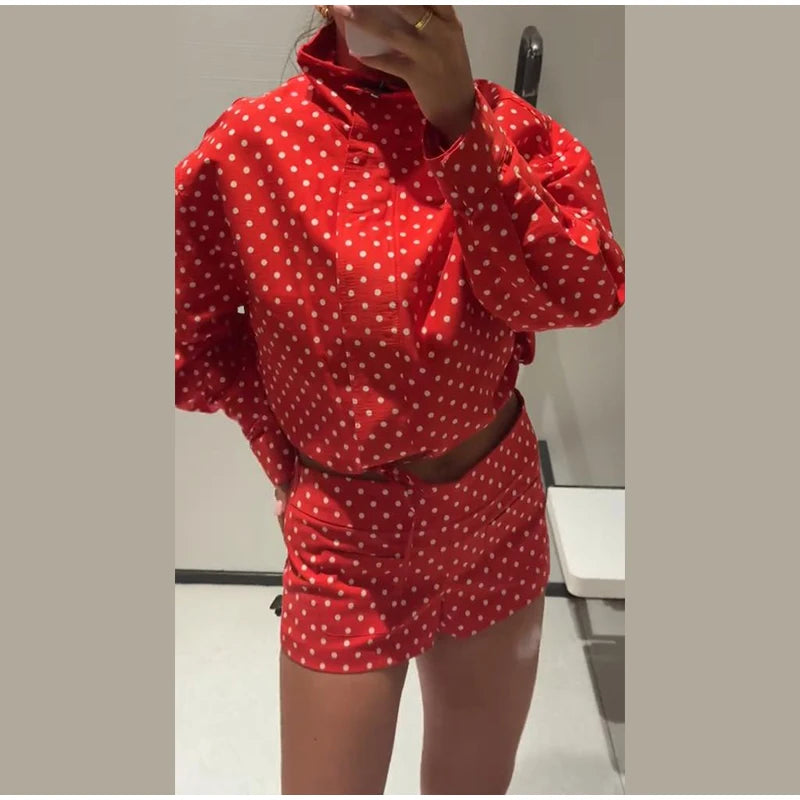 Polka Dot Stand Collar Jacket And High Waist Shorts For Women