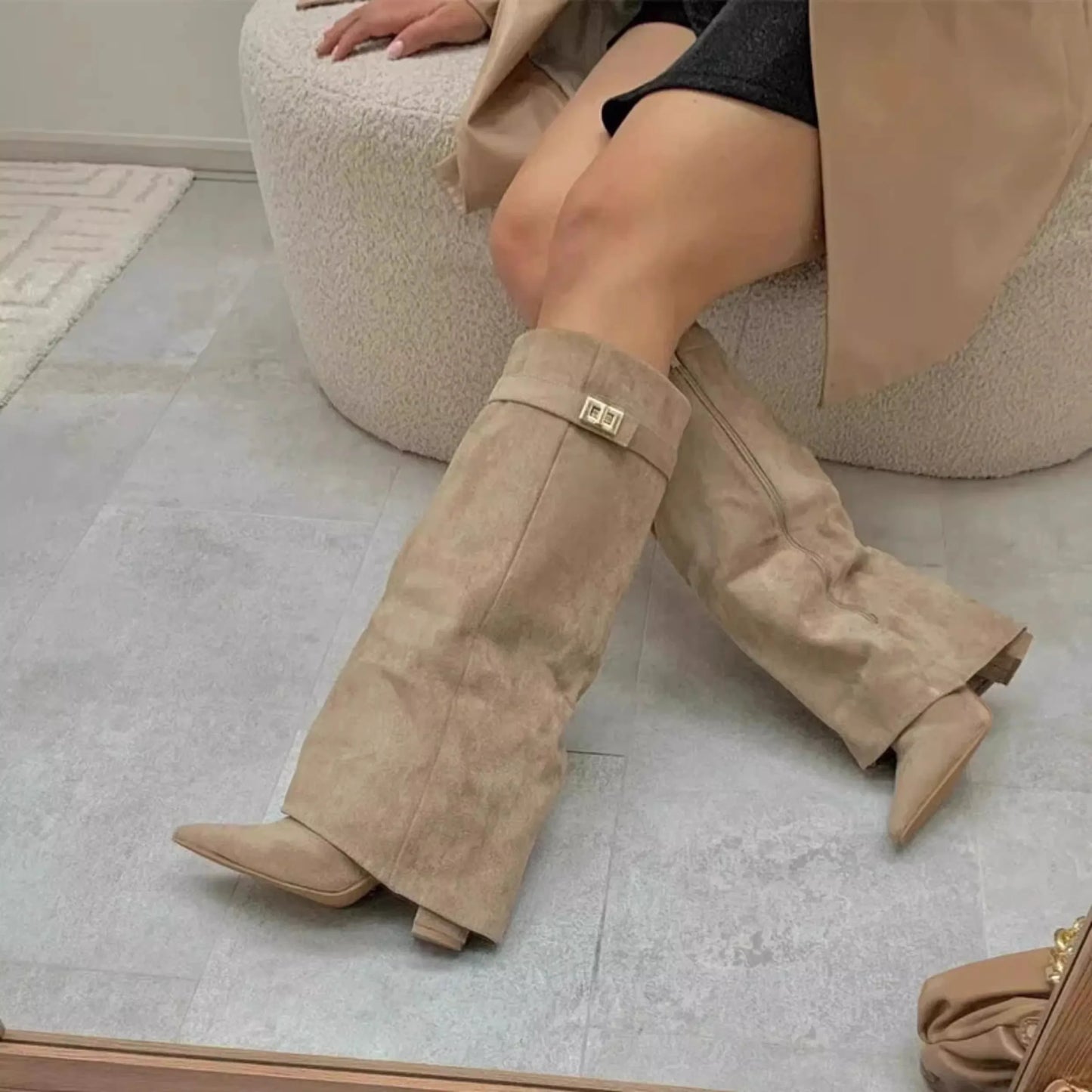 Pointed Toe Thick High Heel Mid Calf Boots for Women