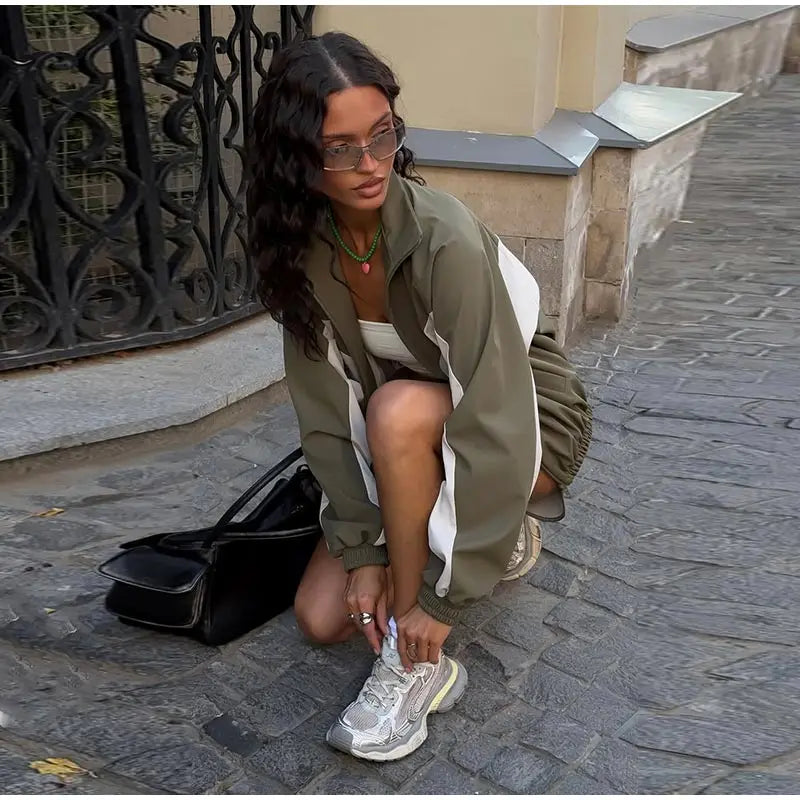 Color Block Zip Jacket and Shorts Tracksuit for Women