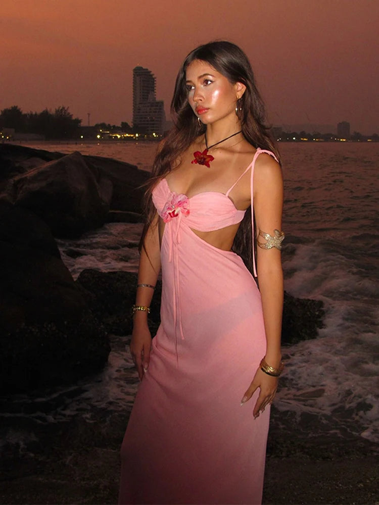 Sweet Pink Bikini Skinny Sling Dress 3d Flower Backless Sleeveless Women's Patchwork Pleated Robe 2025 Summer Female Party Gown