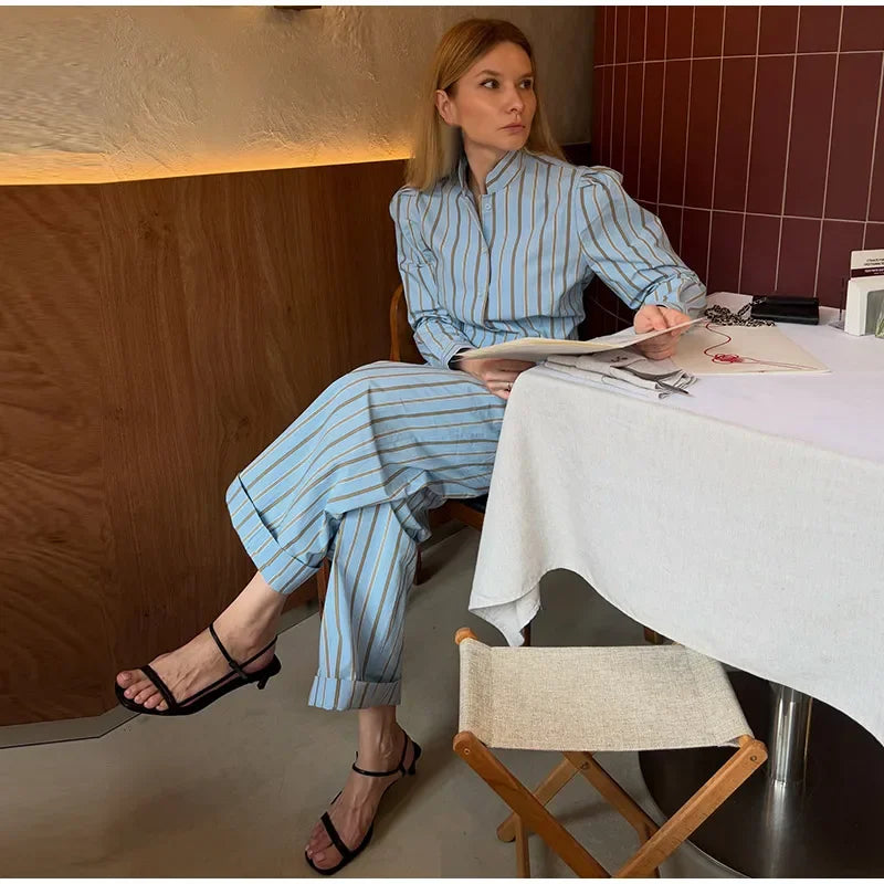 Blue Striped Puff Shoulder Shirt And Pants Set For Women