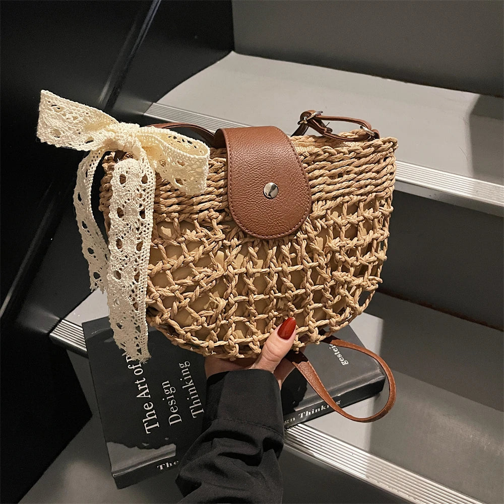 Straw Knitted Shoulder Bag With Bowknot Handmade for Women