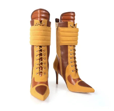 Stiletto Pointy Toe Lace Up Leather Midcalf Boots For Women