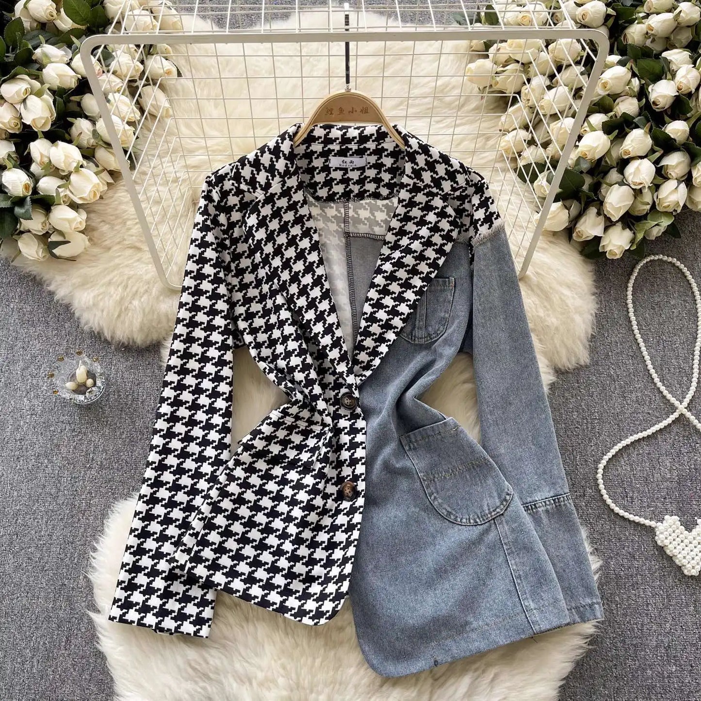 ANJY Autumn New Women Vintage Streetwear Ins Stylish Denim Patchwork Single Breasted Coat Casual Elegant Asymmetric Blazer A8421