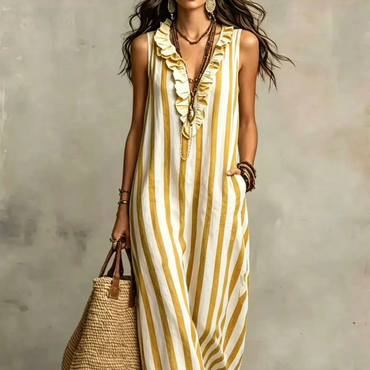 Striped V-Neck Ruffle Sleeveless Pocket Maxi Dress for Women