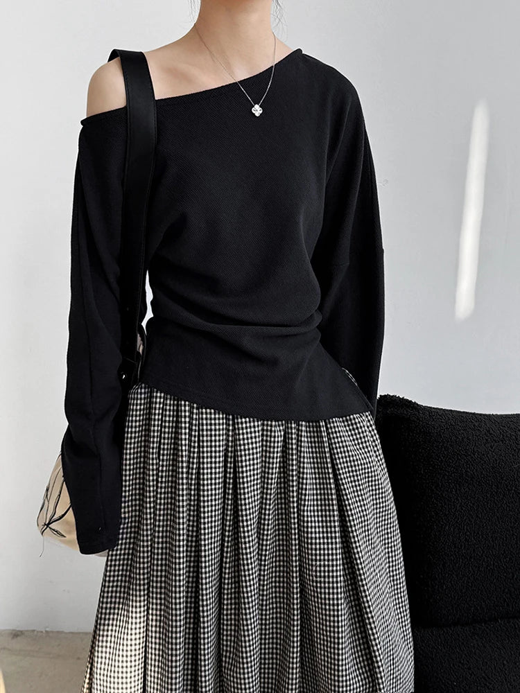 Black Pleated Asymmetrical Collar Sweatshirt for Women