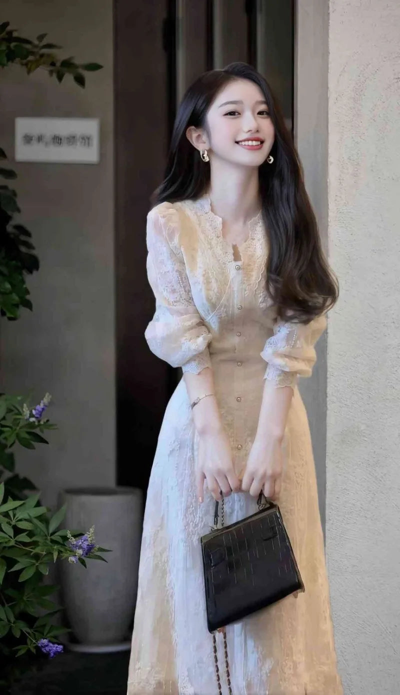 Elegant Lace Embroidered A-Line Dress with Long Sleeve for Women