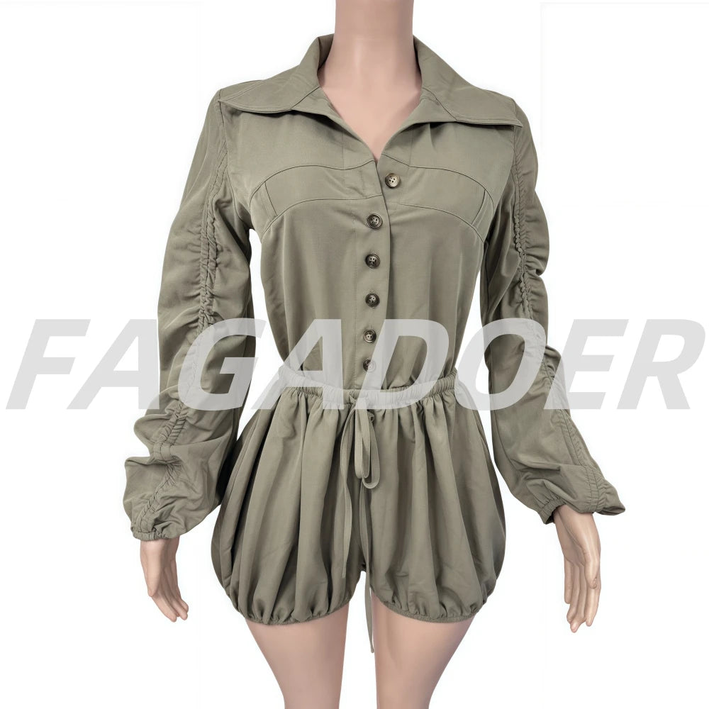 Elegant Ruched Drawstring Lantern Sleeve Romper for Women
