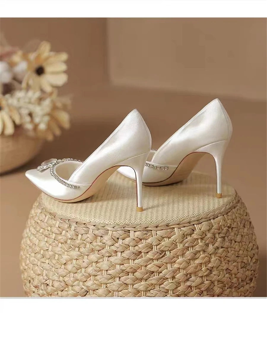 Rhinestone Pointed Toe Satin Wedding Pumps for Women
