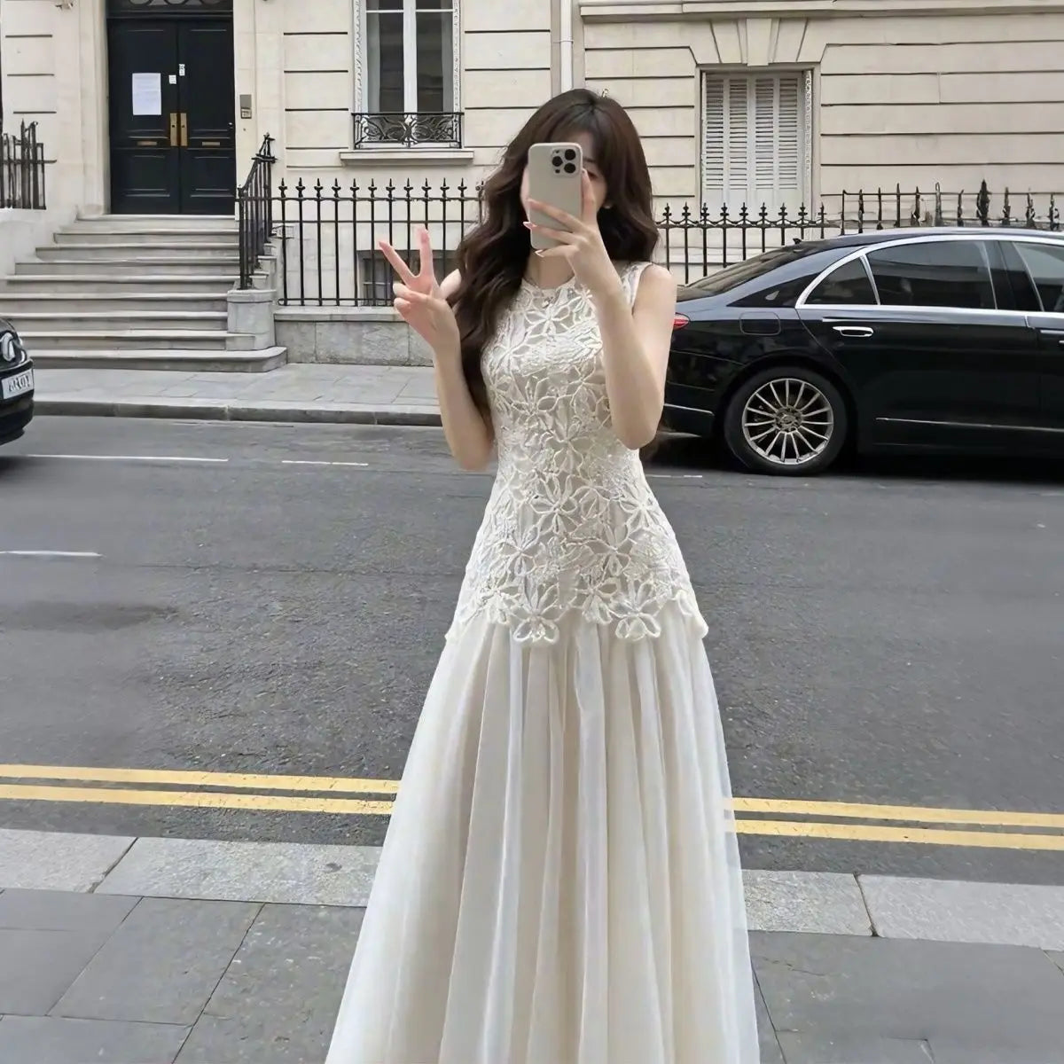 Regular Fit Crew Neck Embroidered Summer Midi Dress for Women