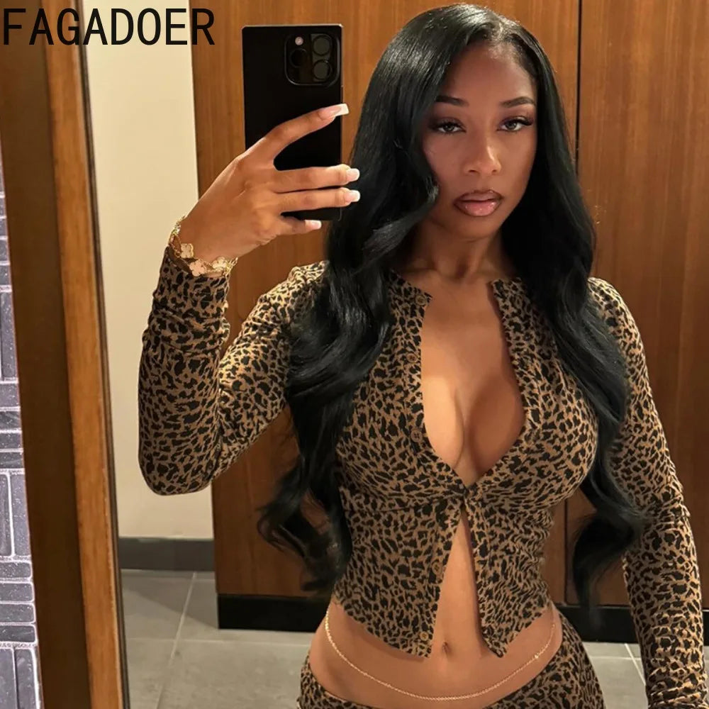 FAGADOER Fashion Leopard Print 2 Piece Sets Women Outfit Long Sleeve Crop Top + Low Waist Skinny Pants Suits Female Streetwear