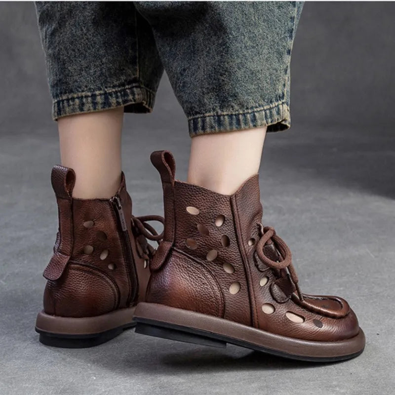 Breathable Hollow-Out Genuine Leather Ankle Boots for Women