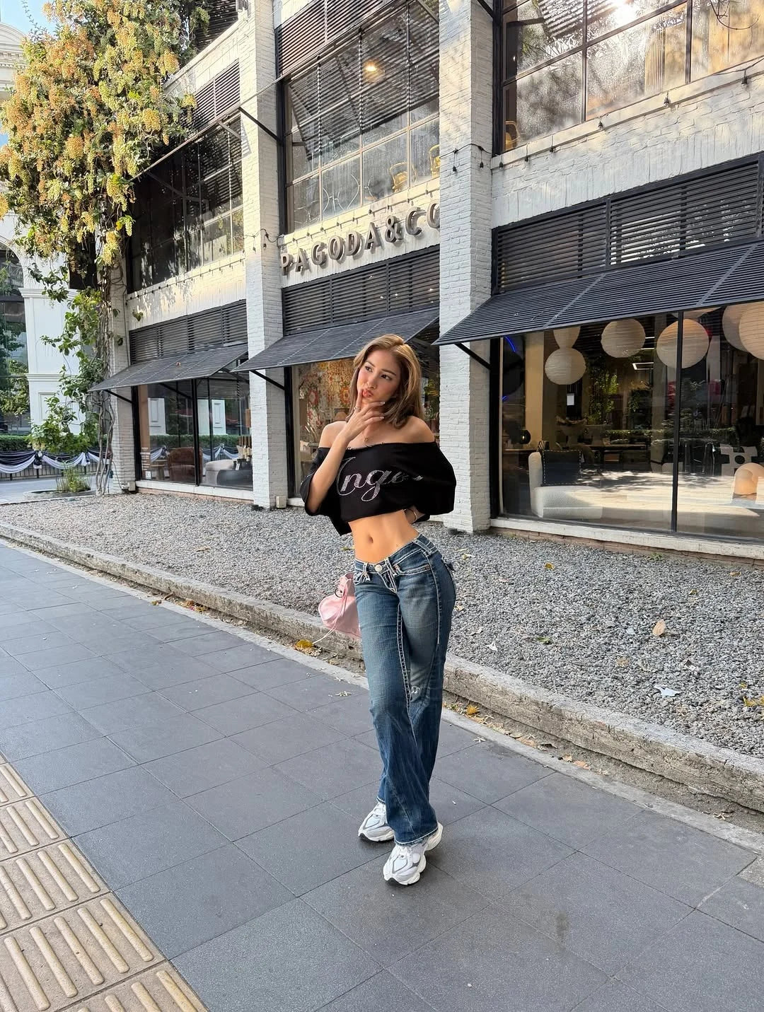 Rhinestone Letter Off Shoulder Cropped Tee for Women