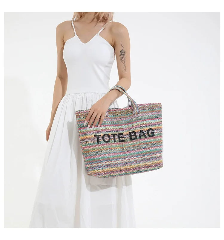 New straw woven bag, large capacity tote bag, crossbody striped letter contrasting beach bag