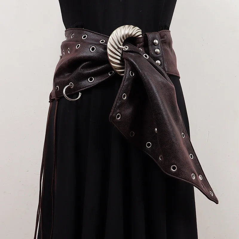 [EAM] Pu Leather Coffee Tassels Irregular Long Wide Belt Personality Women New Fashion Tide All-match Spring Autumn 2025 1DH8694