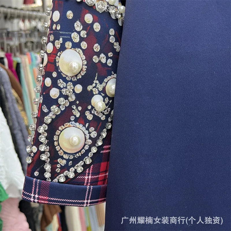 Colorblock Plaid Short Sleeve Female T-shirt Luxury Beading Round Neck Pullover Top All-match Spring Summer Women Casual Tees