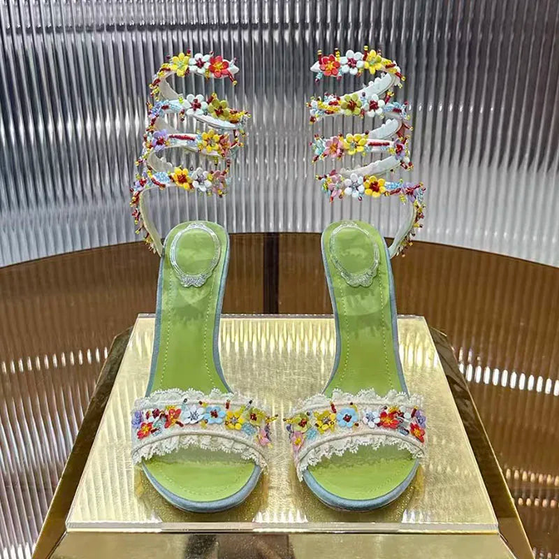 Elegant Floral Lace Strappy Stiletto Sandals for Women