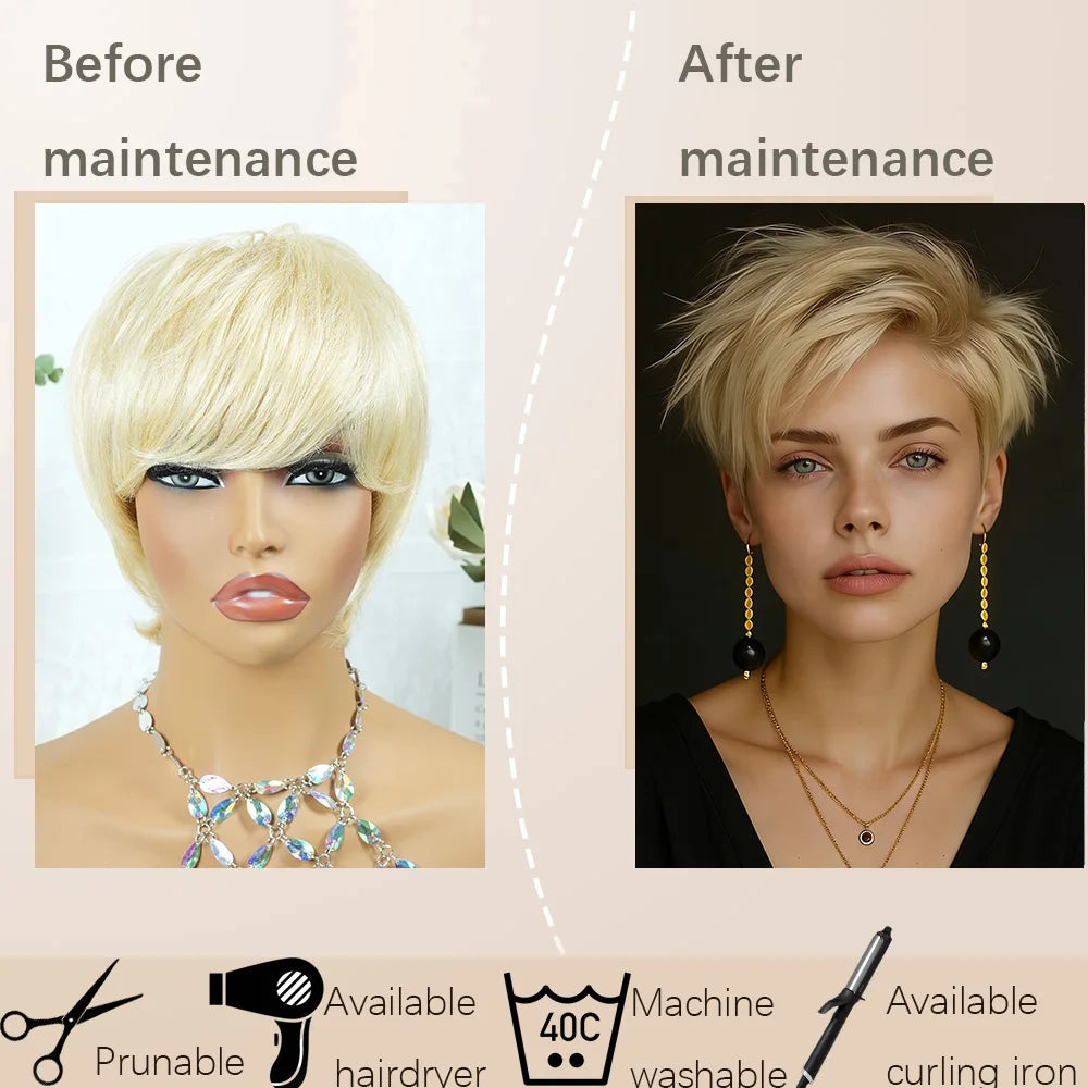 Machine Made Straight Short Blonde Human Hair Wig For Women