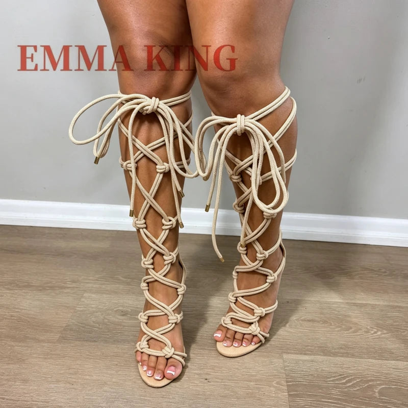 Rope Lace Up Knee High Gladiator Open Toe Sandals for Women