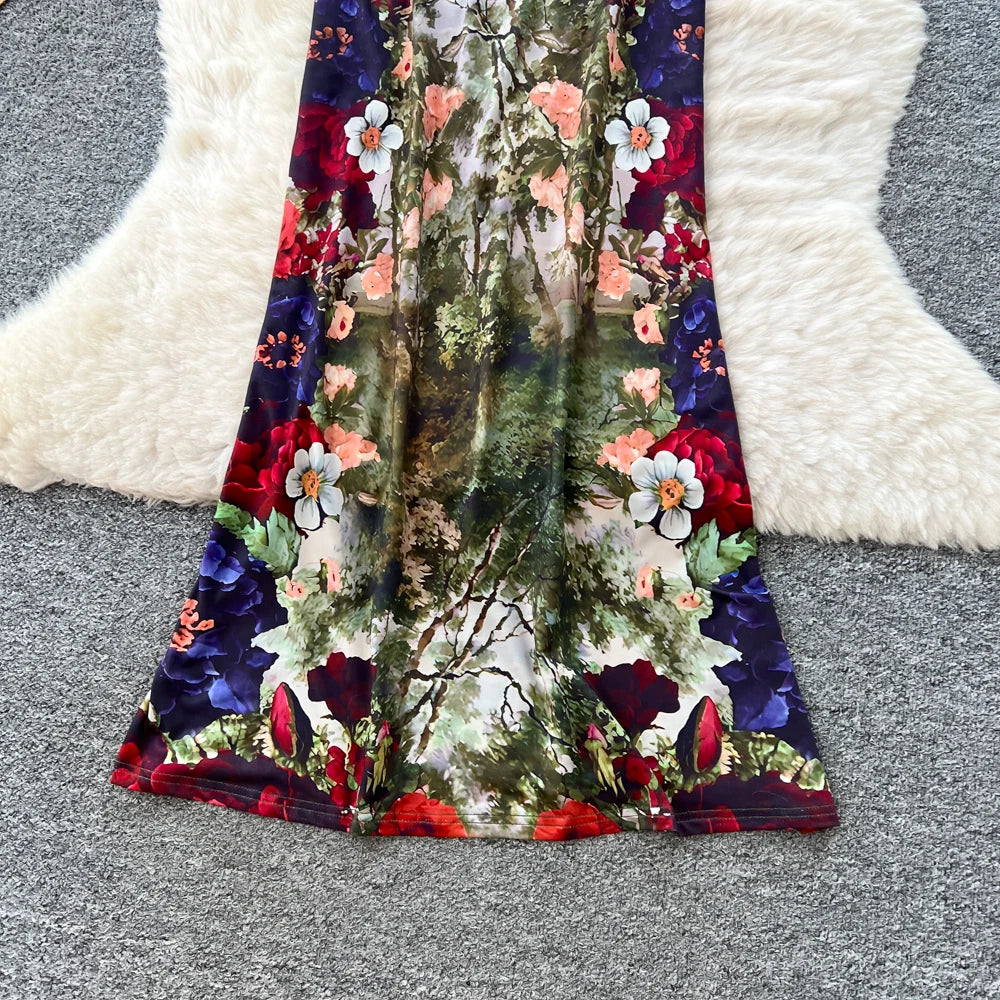 Vintage Floral Print Long Sleeve Maxi Dress for Women