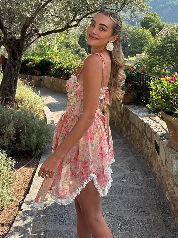 Floral Lace Backless Pleated Party Dress for Women
